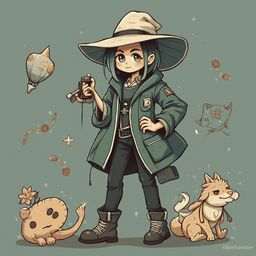A young girl with green hair, wearing a hat and holding a camera, stands between two small creatures on a gray background.