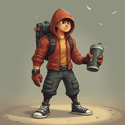 A young hiker, dressed in orange and yellow, stands on a dirt path, holding a green can and wearing a backpack.