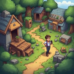 A young man in a purple shirt and blue pants holds a camera in a forest village, surrounded by wooden structures, trees, and rocks.