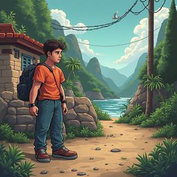 A young man in an orange shirt, blue jeans, and brown boots stands on a dirt path, gazing at a river and mountains, with a small building and bird in the distance.