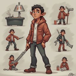 A young man with pointed ears, brown hair, and orange jacket holds a gun in various poses, surrounded by objects.