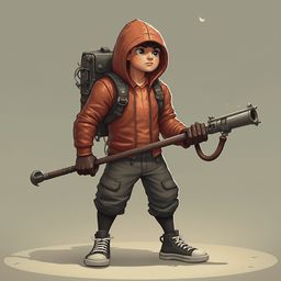 A young person in a red hoodie and backpack holds a large gun-like weapon, standing on a small platform against a plain background.
