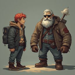 A young red-haired boy and an older bearded man in hiking gear stand facing each other against a solid gray backdrop.